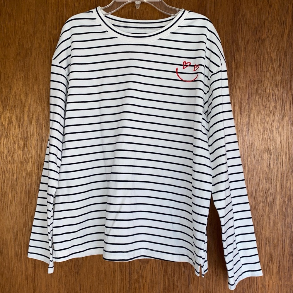 Striped Long Sleeve Shirt with Heart Eye Smile Detail